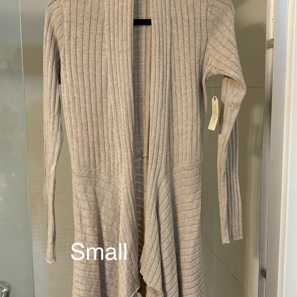 Beige Ribbed Knit Cardigan Sweater